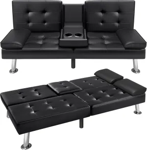 VICTONE Futon Sofa Bed Modern Faux Leather Couch Bed Convertible Folding Recliner for Living Room with 2 Cup Holders and Armrest (Black)