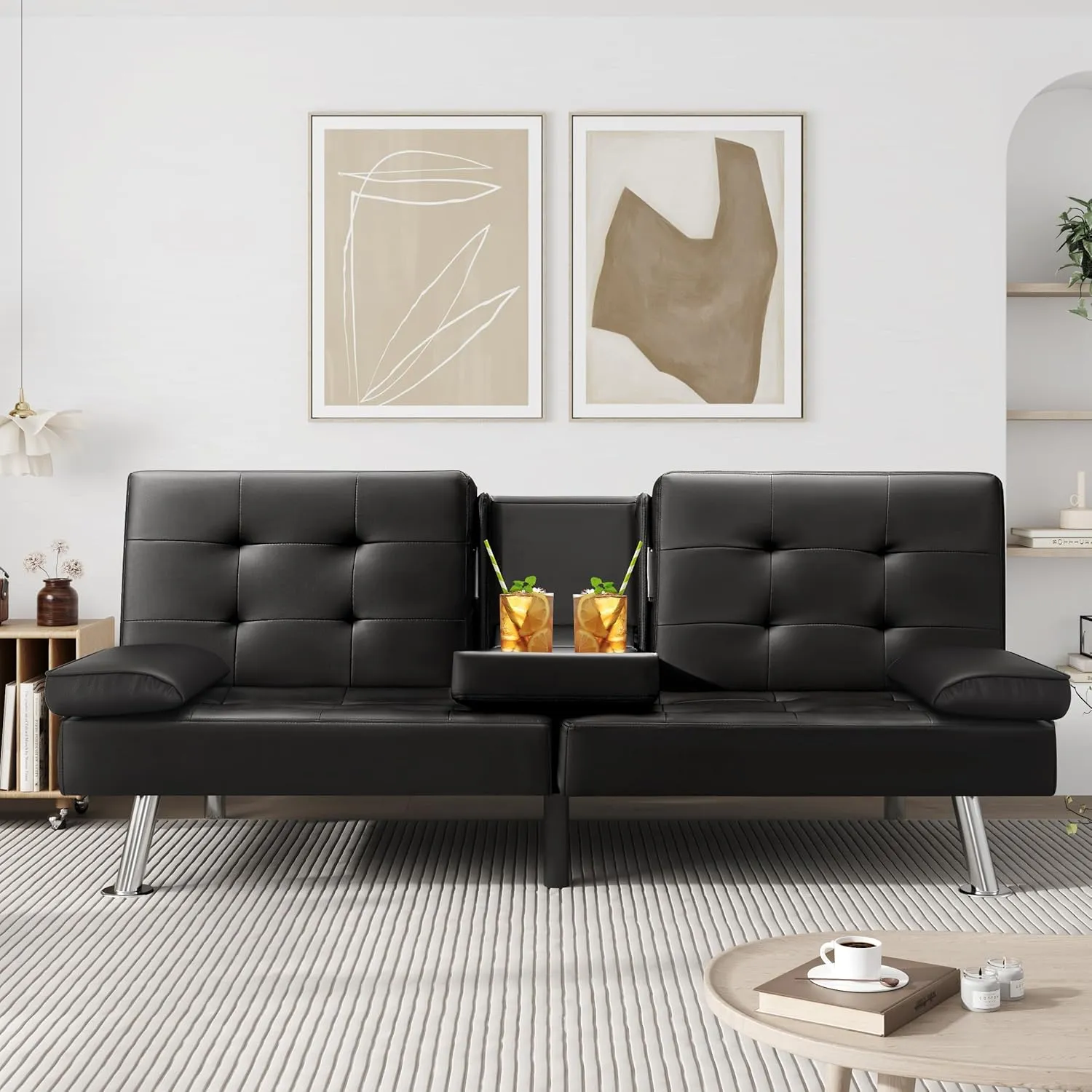 VICTONE Futon Sofa Bed Modern Faux Leather Couch Bed Convertible Folding Recliner for Living Room with 2 Cup Holders and Armrest (Black)