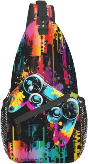 Video Game Sling Bag Gaming Pattern Sling Backpack Colorful Crossbody Bag Men Casual Shoulder Daypack for Women Men Lightweight Travel Hiking Gym Outdoor Camping Casual Sport