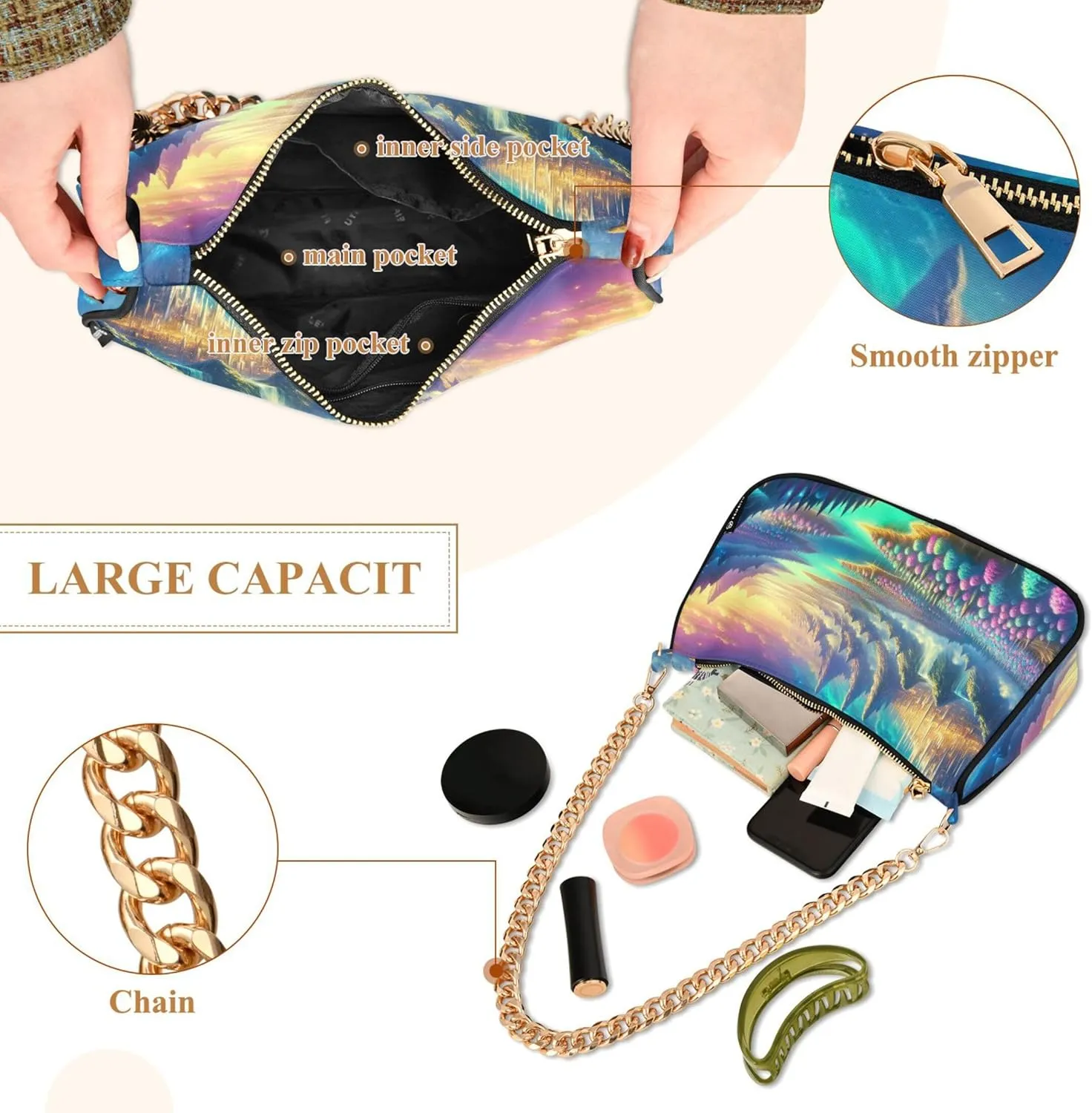 Village Train Painting Winter Women Purses Cute Small Hobo Bag Womens Ladies Handbags Chain Shoulder Purses Party