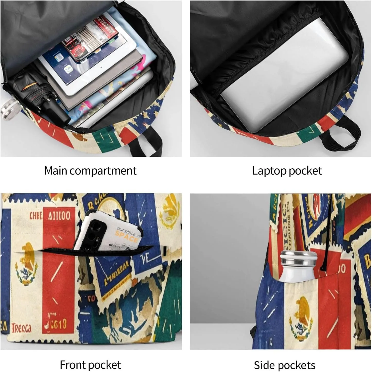 Vintage American Mexico Flag Stamp Adult Backpacks 15 Inch Laptop Backpack Travel Bag for Men Women Gifts