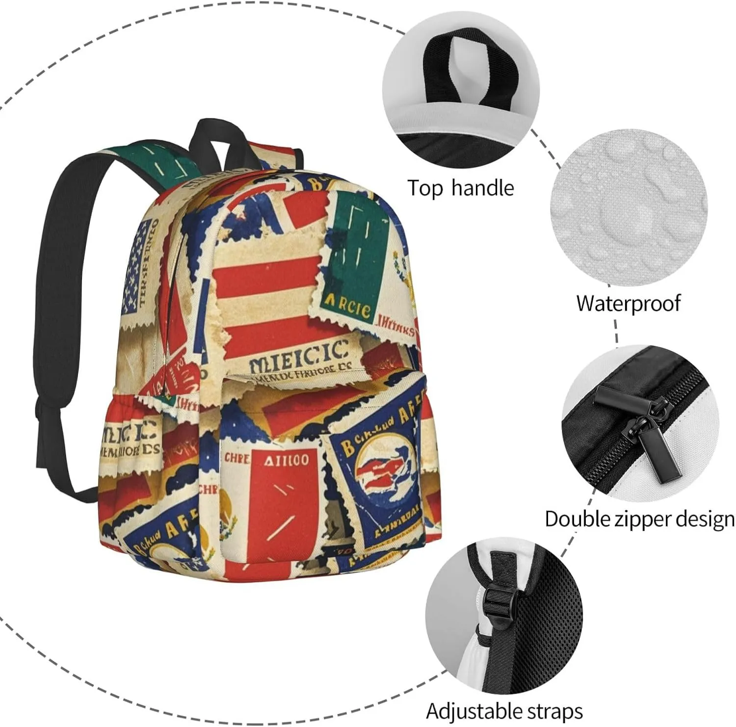 Vintage American Mexico Flag Stamp Adult Backpacks 15 Inch Laptop Backpack Travel Bag for Men Women Gifts