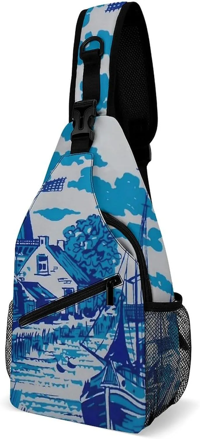 Vintage Blue Nederland Dutch Windmill Delft Sling Bags Men And Women Shoulder Backpack Chest Bag Cross Body Chest Sling Backpack.