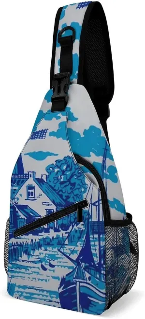 Vintage Blue Nederland Dutch Windmill Delft Sling Bags Men And Women Shoulder Backpack Chest Bag Cross Body Chest Sling Backpack.