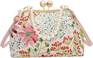 Vintage Embroidered Flower Handbag with Kiss Lock, Adjustable Strap for Weddings, Parties & Evening Events