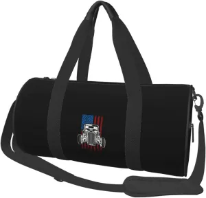 Vintage Hot Rod American Flag Classic Car Travel Luggage Duffel Bag Sports Rolling Foldable Duffel Bag, Black