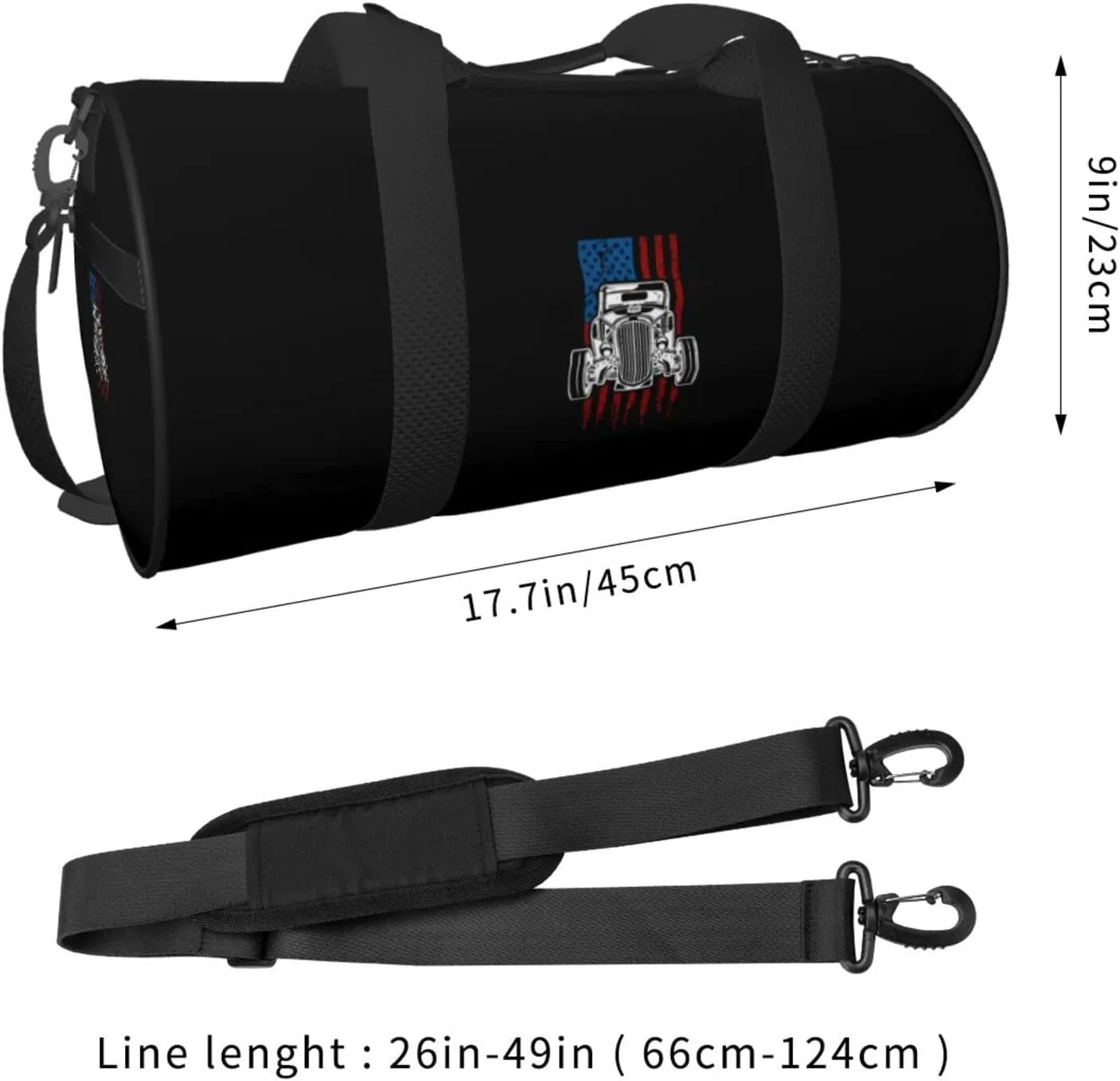 Vintage Hot Rod American Flag Classic Car Travel Luggage Duffel Bag Sports Rolling Foldable Duffel Bag, Black