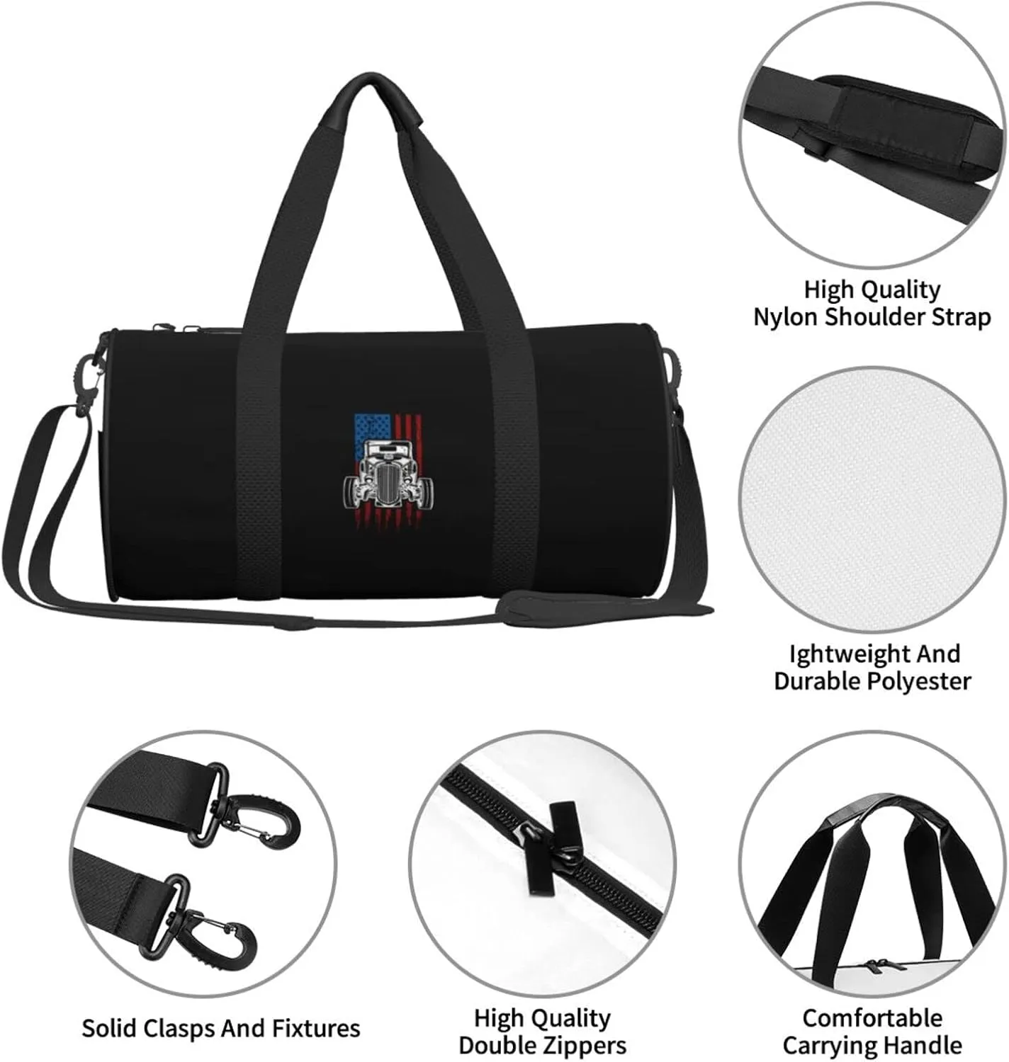 Vintage Hot Rod American Flag Classic Car Travel Luggage Duffel Bag Sports Rolling Foldable Duffel Bag, Black