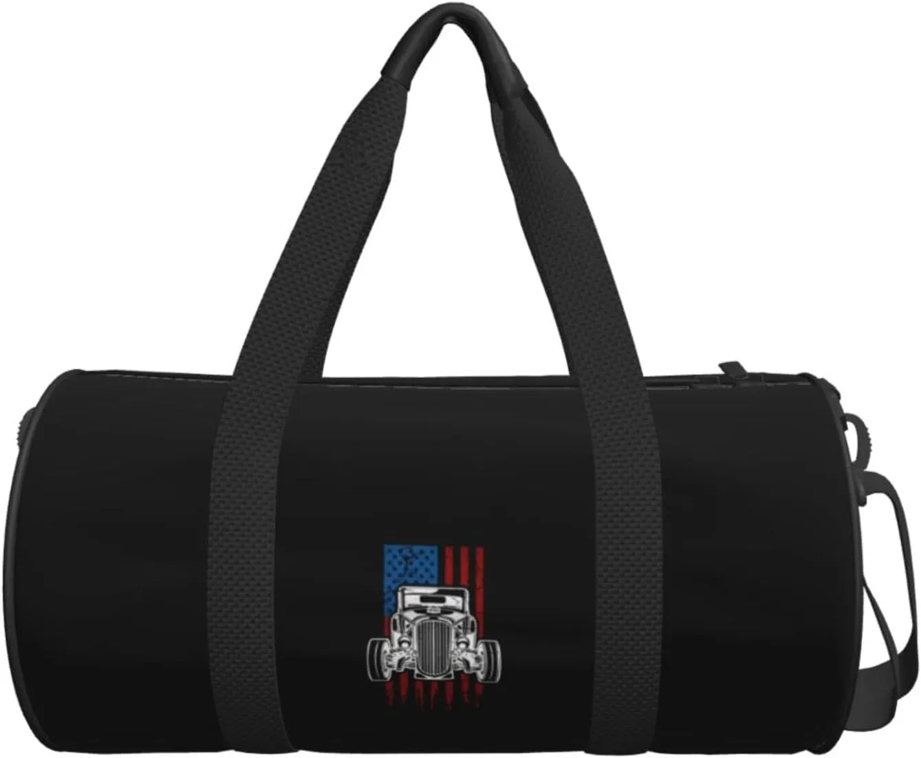 Vintage Hot Rod American Flag Classic Car Travel Luggage Duffel Bag Sports Rolling Foldable Duffel Bag, Black