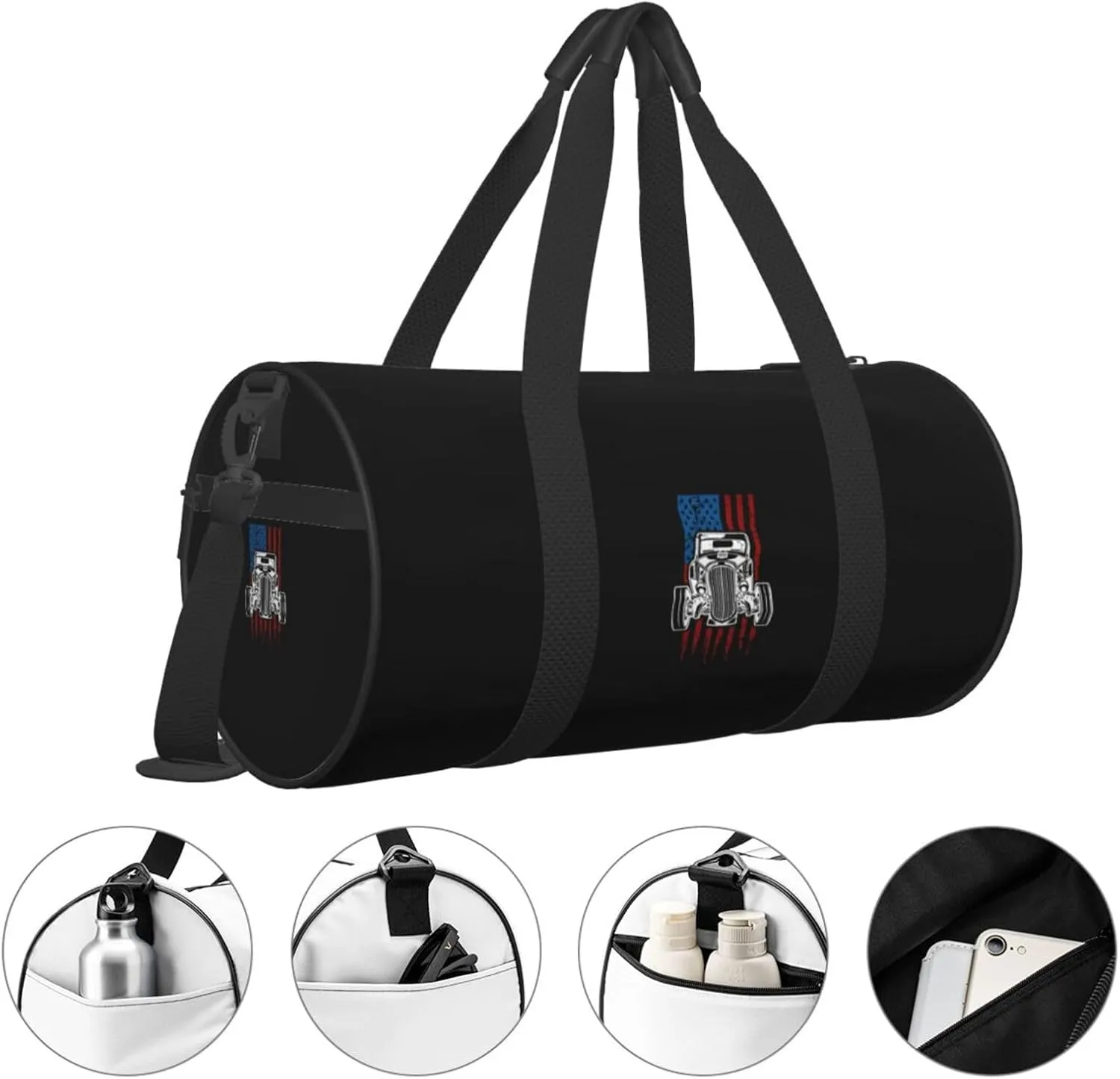 Vintage Hot Rod American Flag Classic Car Travel Luggage Duffel Bag Sports Rolling Foldable Duffel Bag, Black