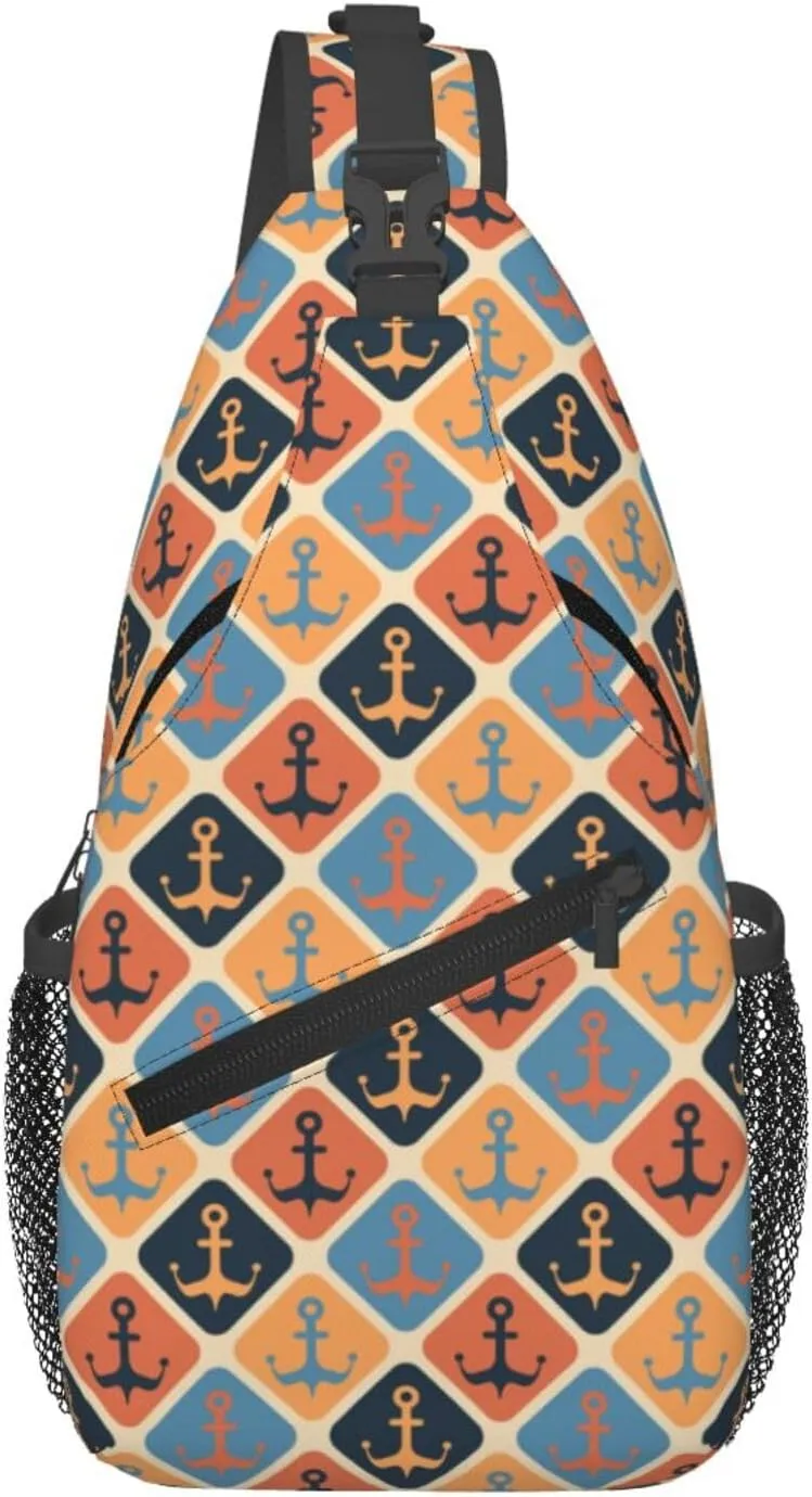 Vintage Nautical Anchors Cross Chest Bag Diagonally Hiking Crossbody Bag Travel Shoulder Daypack Lightweight Sling Backpack Cycling Daypacks Fitness Chest Backpacks