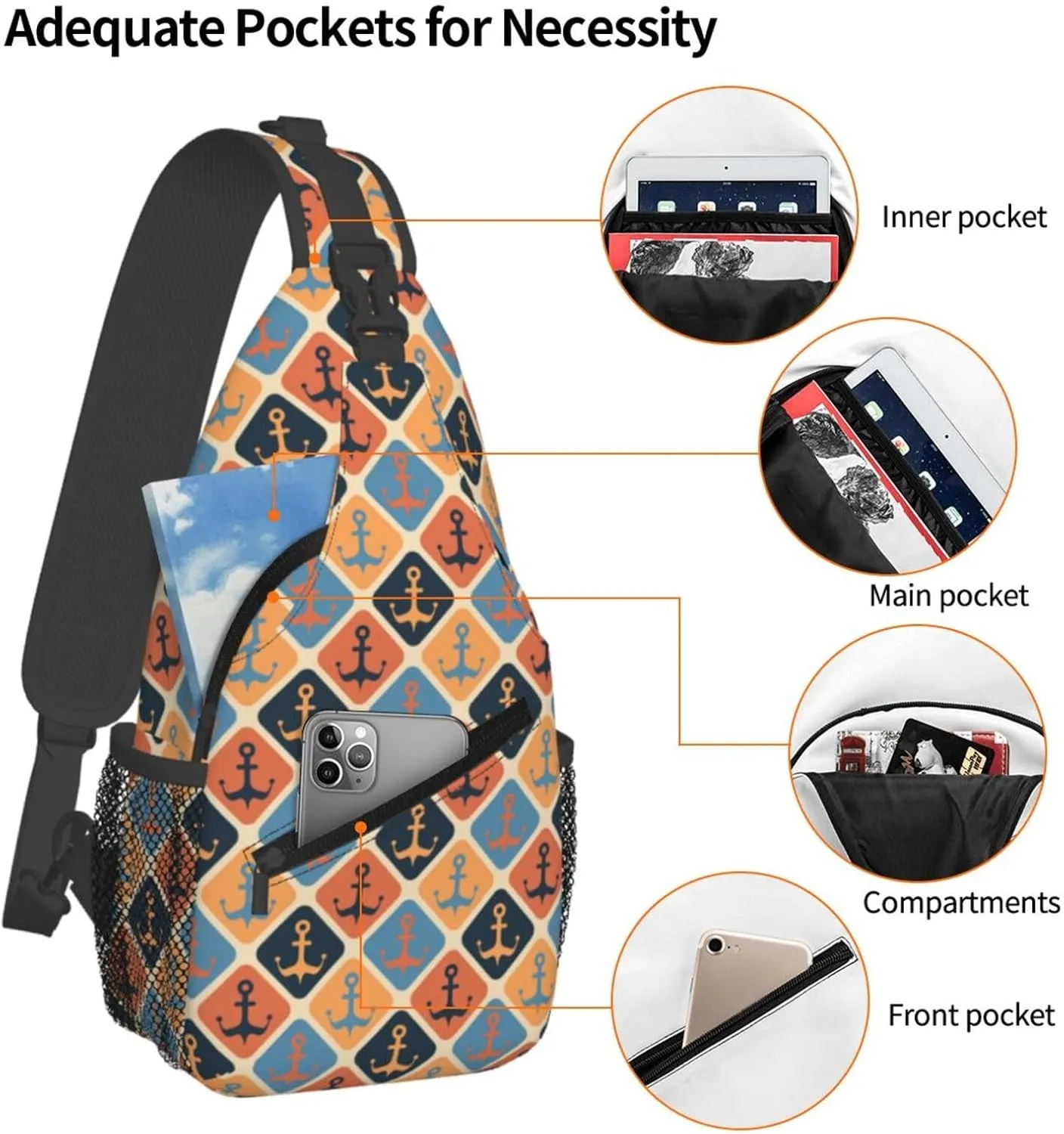 Vintage Nautical Anchors Cross Chest Bag Diagonally Hiking Crossbody Bag Travel Shoulder Daypack Lightweight Sling Backpack Cycling Daypacks Fitness Chest Backpacks