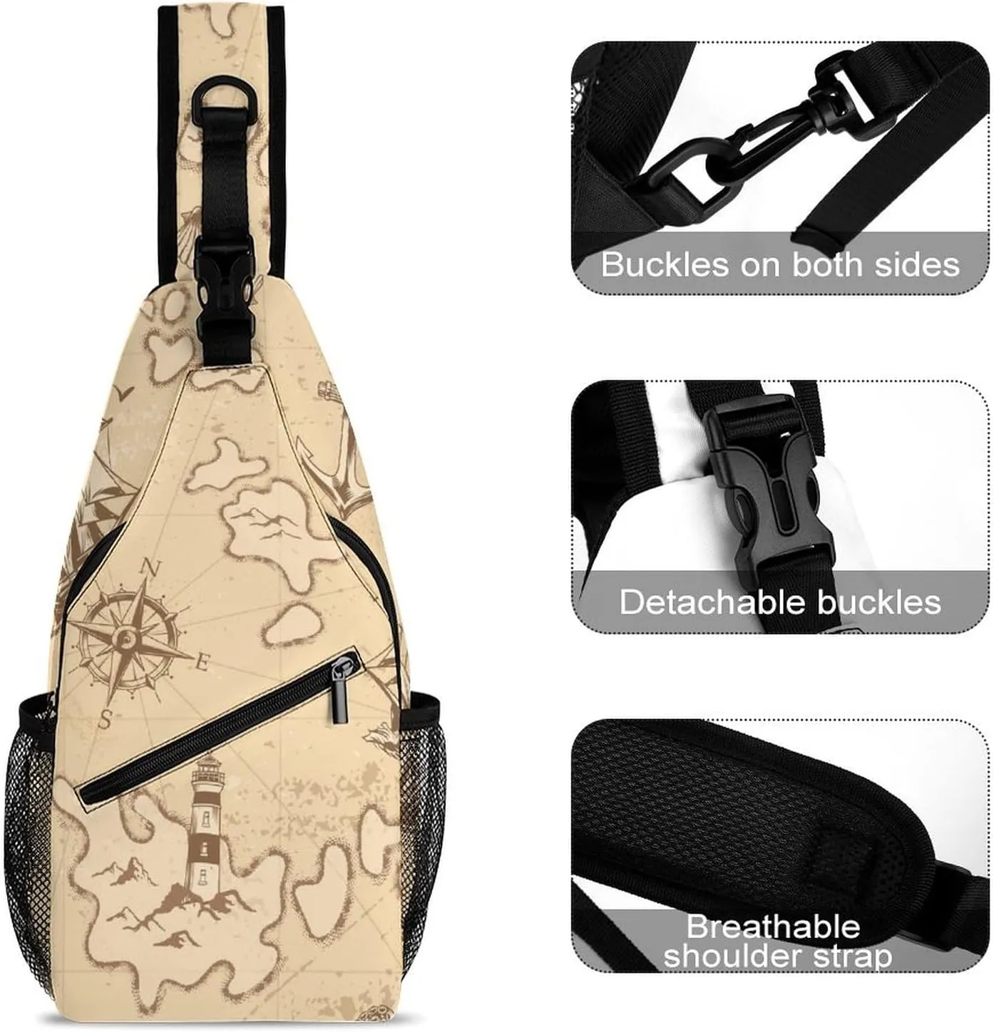 Vintage-nautical-pattern Crossbody Sling Backpack, Shoulder Bag Chest Bag for Travel Sport Running