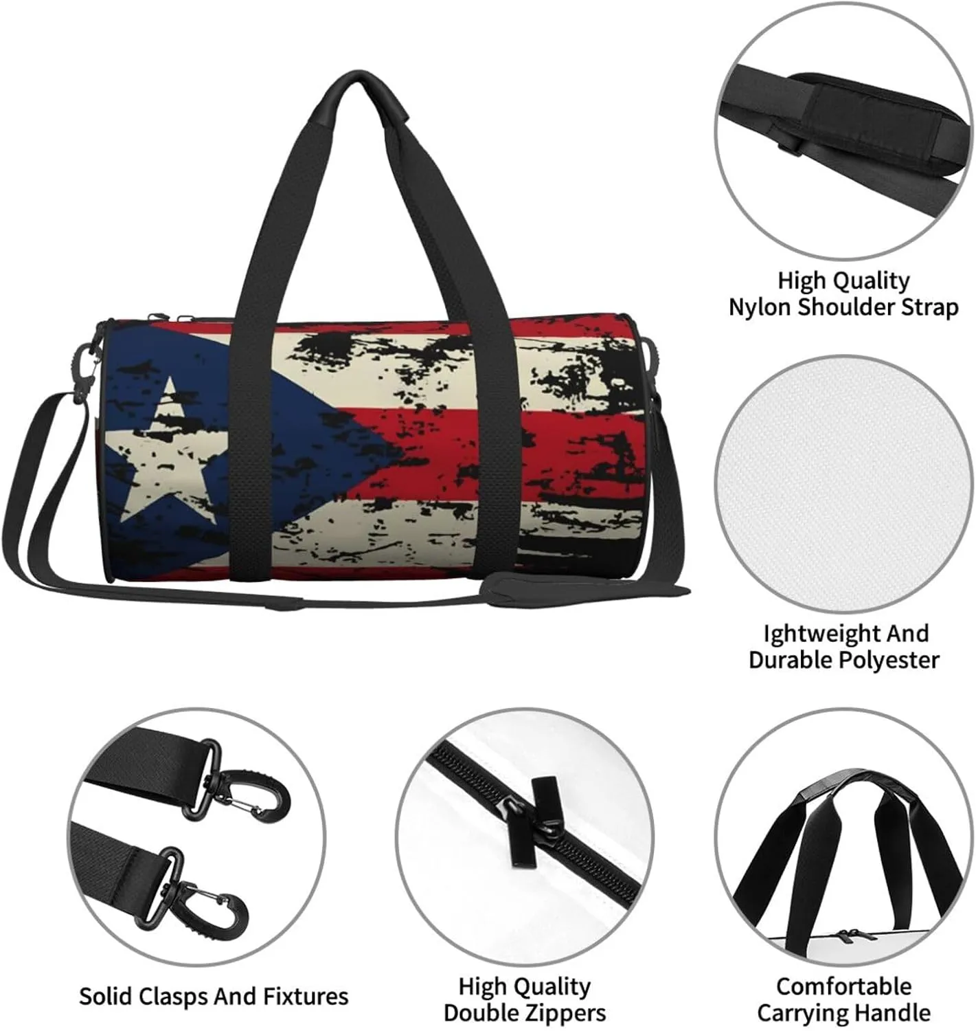 Vintage Puerto Rican Flag Pride Round Travel Duffel Bag Large Capacity Gym Sports Bags for Hiking Vacation Trips
