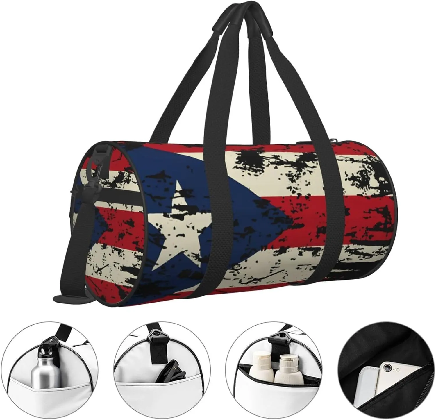Vintage Puerto Rican Flag Pride Round Travel Duffel Bag Large Capacity Gym Sports Bags for Hiking Vacation Trips