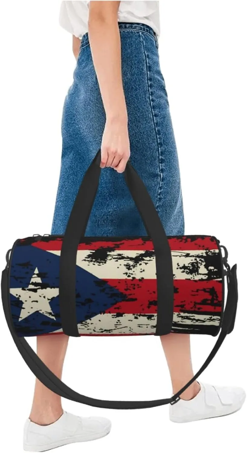Vintage Puerto Rican Flag Pride Round Travel Duffel Bag Large Capacity Gym Sports Bags for Hiking Vacation Trips
