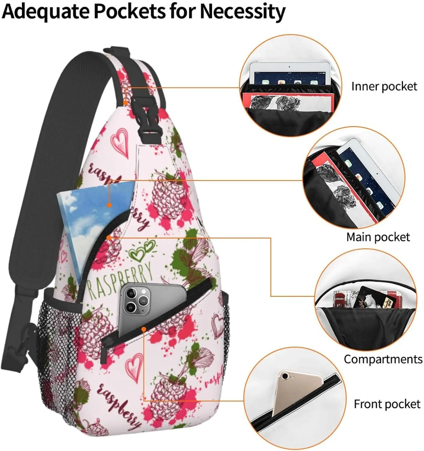 Vintage Raspberry Splashes Cross Chest Bag Diagonally Hiking Crossbody Bag Travel Shoulder Daypack Lightweight Sling Backpack Cycling Daypacks Fitness Chest Backpacks