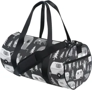 Vintage Retro Camping Cars Hamper Bears Forest Trees on Dark Duffel Bag, Foldable Canvas Travel Tote for Gym Sports with Inner Pockets, Durable Lightweight Fitness Bag for Overnight Workout