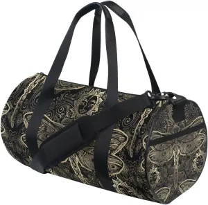 Vintage Retro Style Indian Mandala Dragonfly Sun Flower on Black Duffel Bag, Foldable Canvas Travel Tote for Gym Sports with Inner Pockets, Durable Lightweight Fitness Bag for Overnight Workout