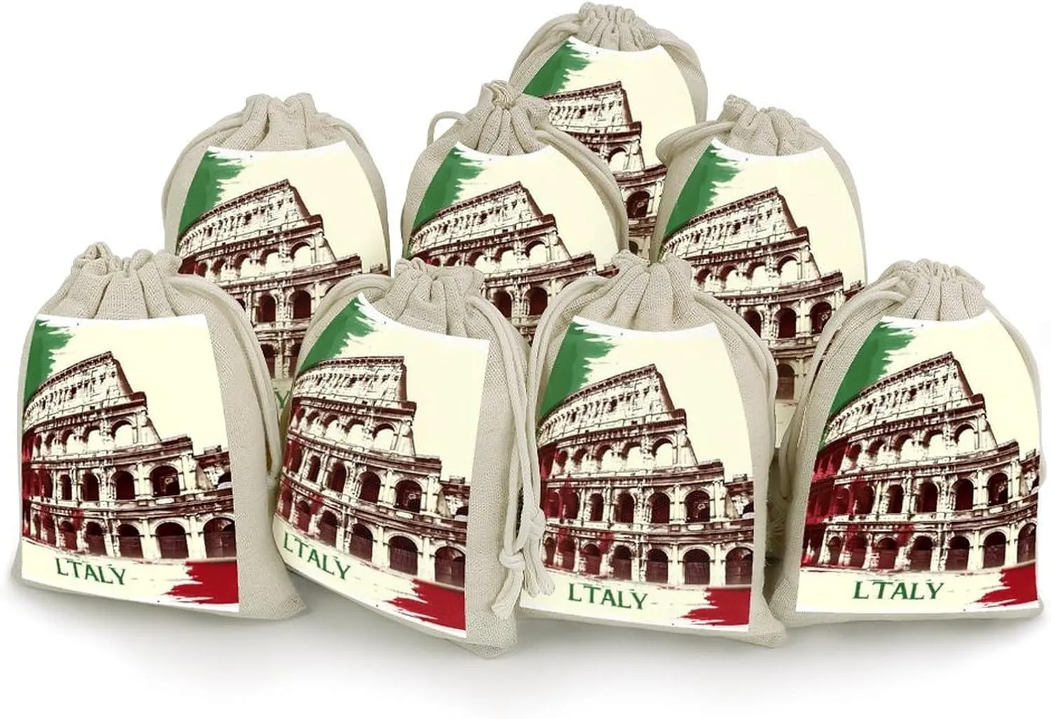 Vintage Roman Colosseums Italian Flag 8 Pcs Drawstring Pouches Reusable Sachet Bag Portable Jewelry Pouch Cotton And Hemp Bunches Pocket