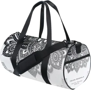 Vintage Tribal Ethnic Mandala Black Indian Floral Ornament Duffel Bag, Foldable Canvas Travel Tote for Gym Sports with Inner Pockets, Durable Lightweight Fitness Bag for Overnight Workout