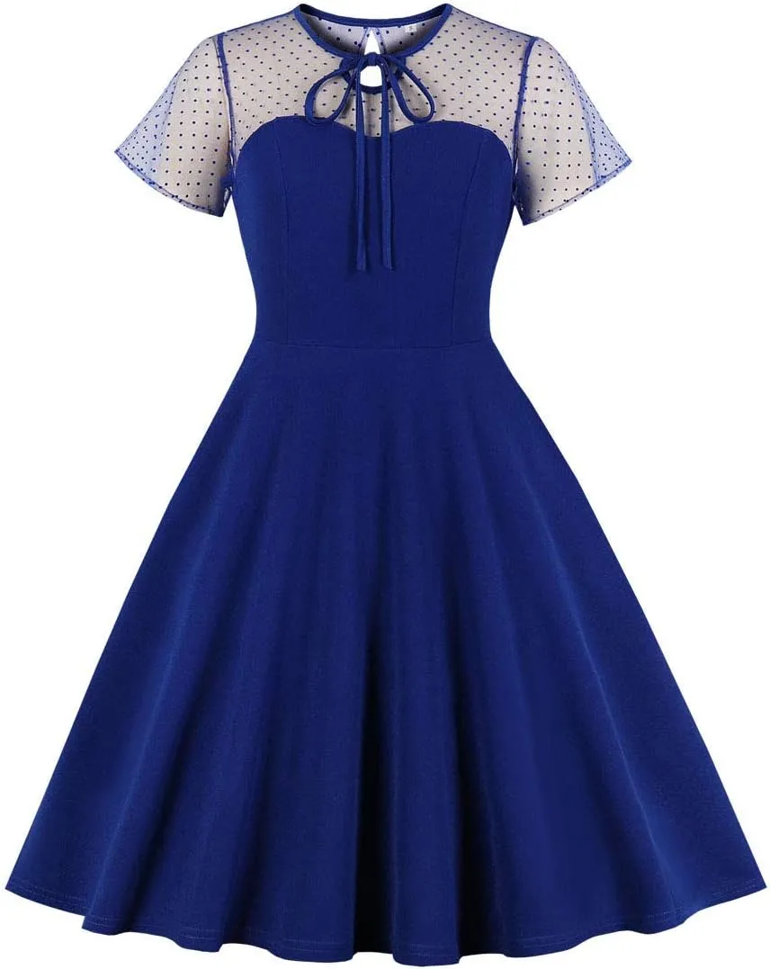 Vintage Women Gothic Mesh Shoulder A-line 1950s 50s Rockabilly Swing Cocktail Evening Party Dresses