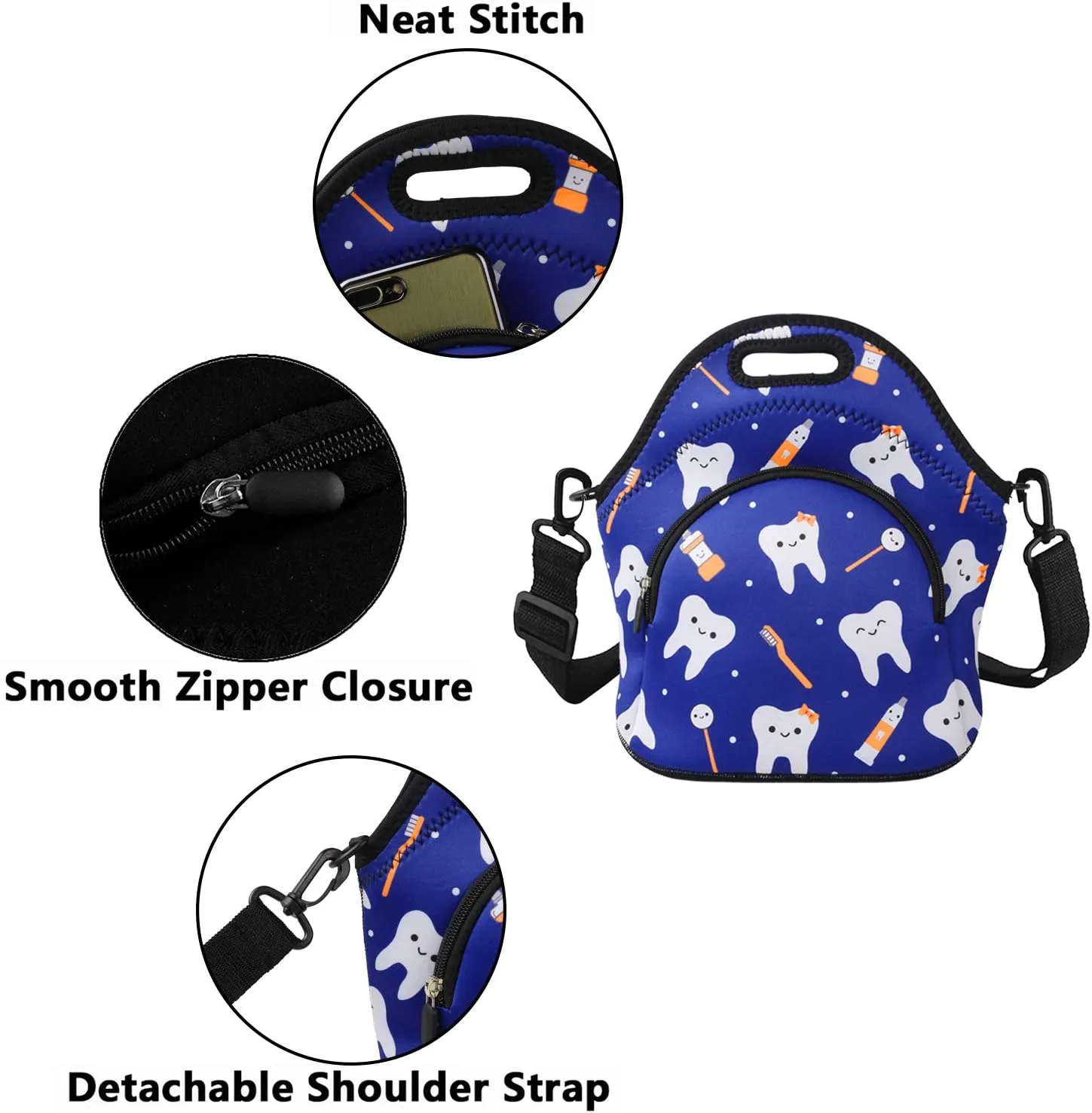 Violet Mist Neoprene Dental Lunch Bags with Shoulder Strap Getaway Lunch Totes for Women Men Insulated Thermal Lunch Box Reusable Bento Bag Pocket Zipper for Docter Work Picnic Travel, Blue Teeth