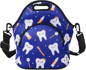 Violet Mist Neoprene Dental Lunch Bags with Shoulder Strap Getaway Lunch Totes for Women Men Insulated Thermal Lunch Box Reusable Bento Bag Pocket Zipper for Docter Work Picnic Travel, Blue Teeth