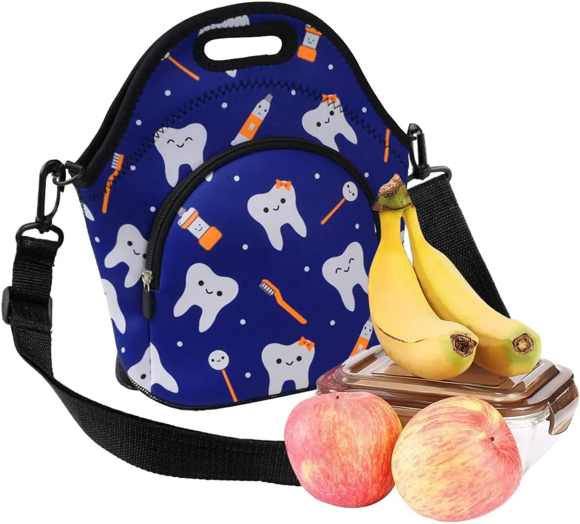 Violet Mist Neoprene Dental Lunch Bags with Shoulder Strap Getaway Lunch Totes for Women Men Insulated Thermal Lunch Box Reusable Bento Bag Pocket Zipper for Docter Work Picnic Travel, Blue Teeth