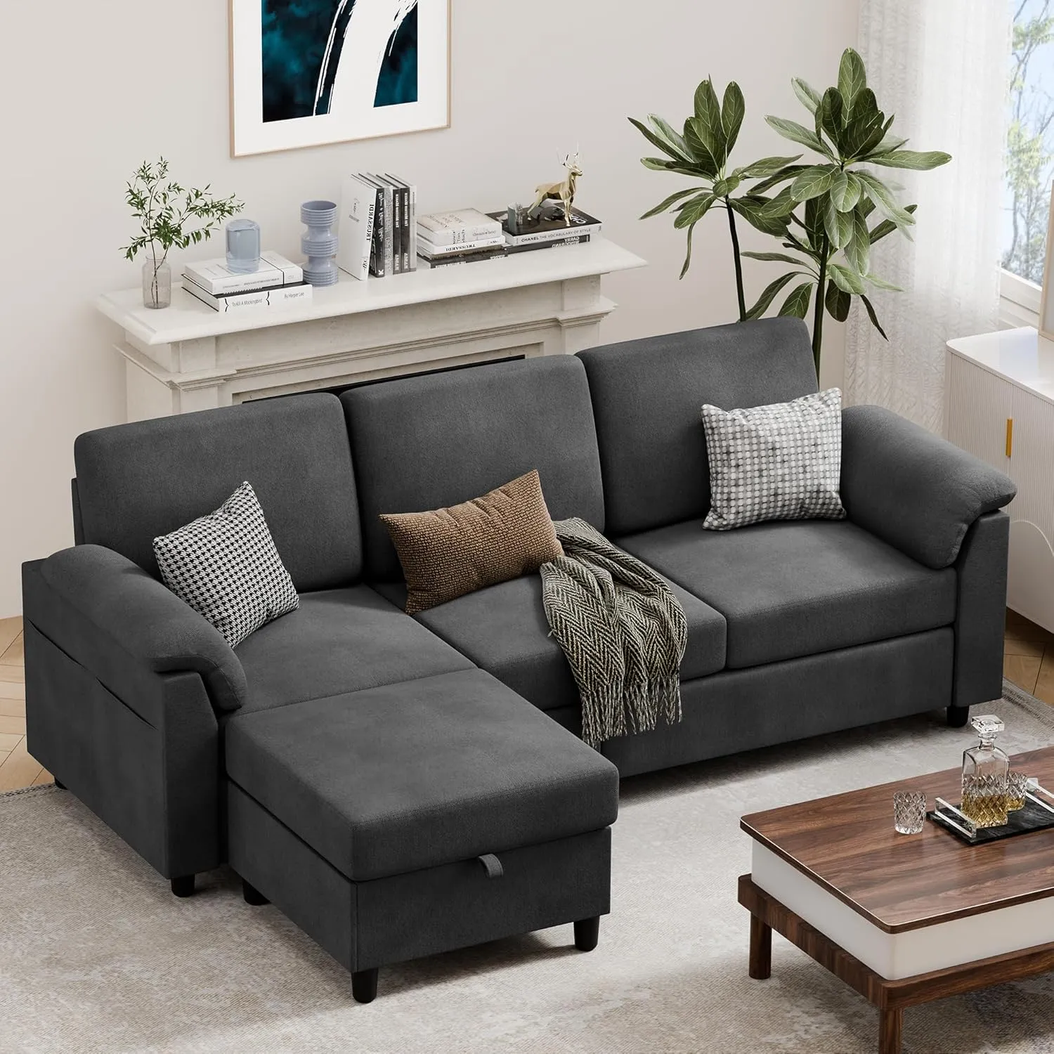 Vongrasig 79" Convertible Sectional Couch Sofa with Storage Ottoman, 3 Seat L Shaped Couch with Side Storage Pockage, Linen Fabric Small Couches for Living Room, Apartment and Small Space, Black