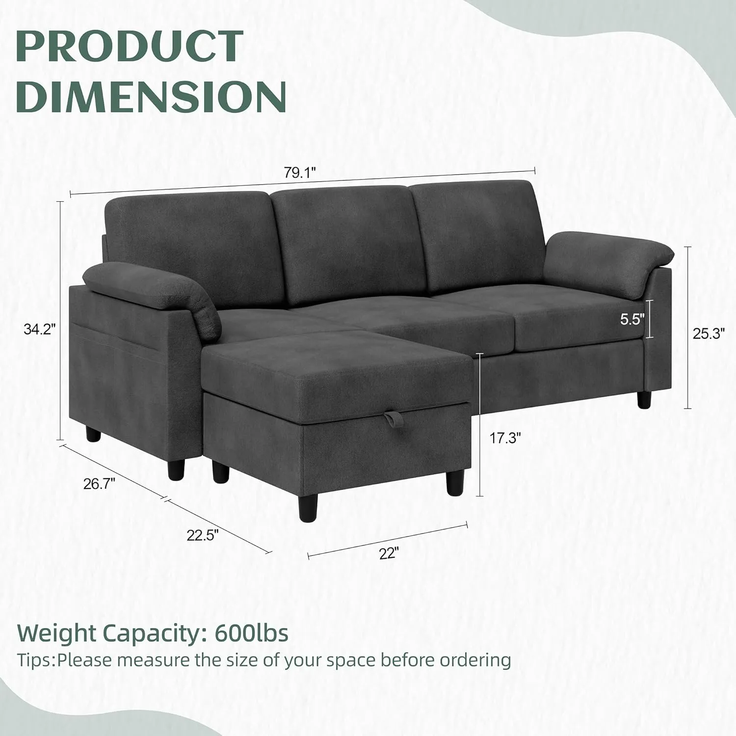 Vongrasig 79" Convertible Sectional Couch Sofa with Storage Ottoman, 3 Seat L Shaped Couch with Side Storage Pockage, Linen Fabric Small Couches for Living Room, Apartment and Small Space, Black