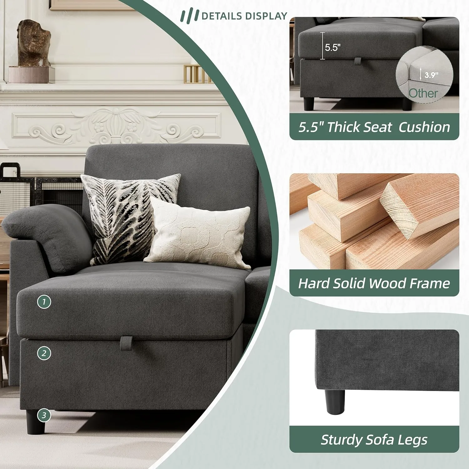 Vongrasig 79" Convertible Sectional Couch Sofa with Storage Ottoman, 3 Seat L Shaped Couch with Side Storage Pockage, Linen Fabric Small Couches for Living Room, Apartment and Small Space, Black