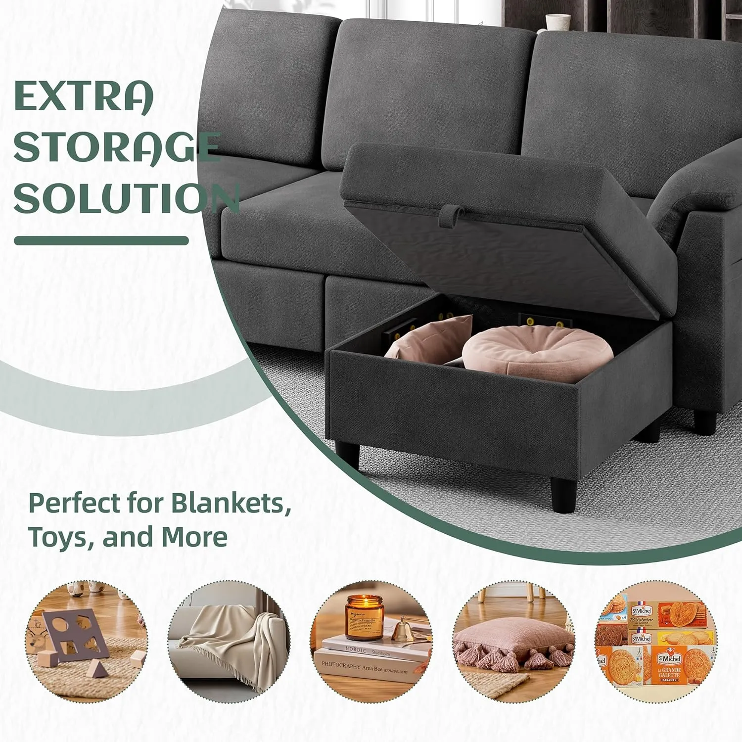 Vongrasig 79" Convertible Sectional Couch Sofa with Storage Ottoman, 3 Seat L Shaped Couch with Side Storage Pockage, Linen Fabric Small Couches for Living Room, Apartment and Small Space, Black