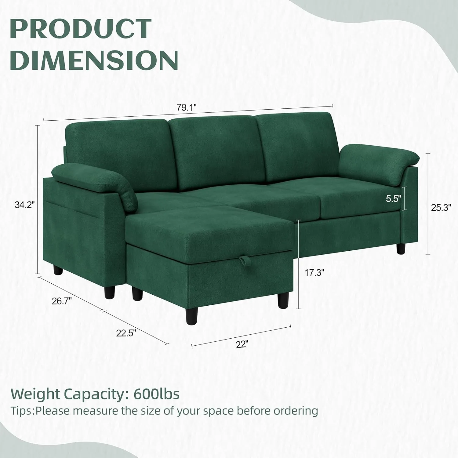 Vongrasig 79" Convertible Sectional Couch Sofa with Storage Ottoman, 3 Seat L Shaped Couch with Side Storage Pockage, Linen Fabric Small Couches for Living Room, Apartment and Small Space, Green