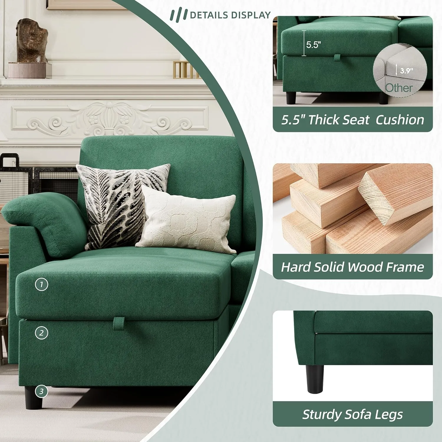Vongrasig 79" Convertible Sectional Couch Sofa with Storage Ottoman, 3 Seat L Shaped Couch with Side Storage Pockage, Linen Fabric Small Couches for Living Room, Apartment and Small Space, Green