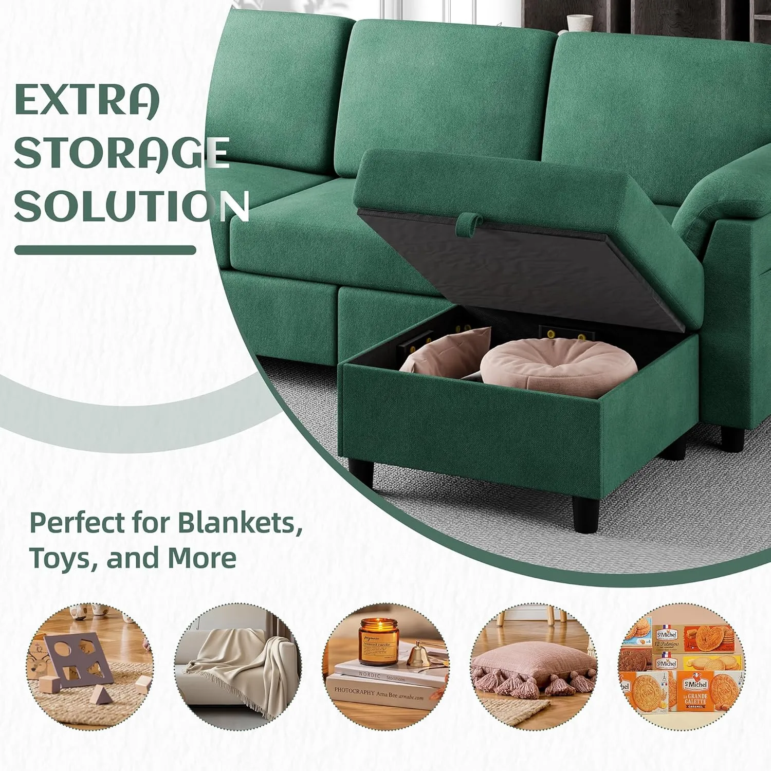 Vongrasig 79" Convertible Sectional Couch Sofa with Storage Ottoman, 3 Seat L Shaped Couch with Side Storage Pockage, Linen Fabric Small Couches for Living Room, Apartment and Small Space, Green