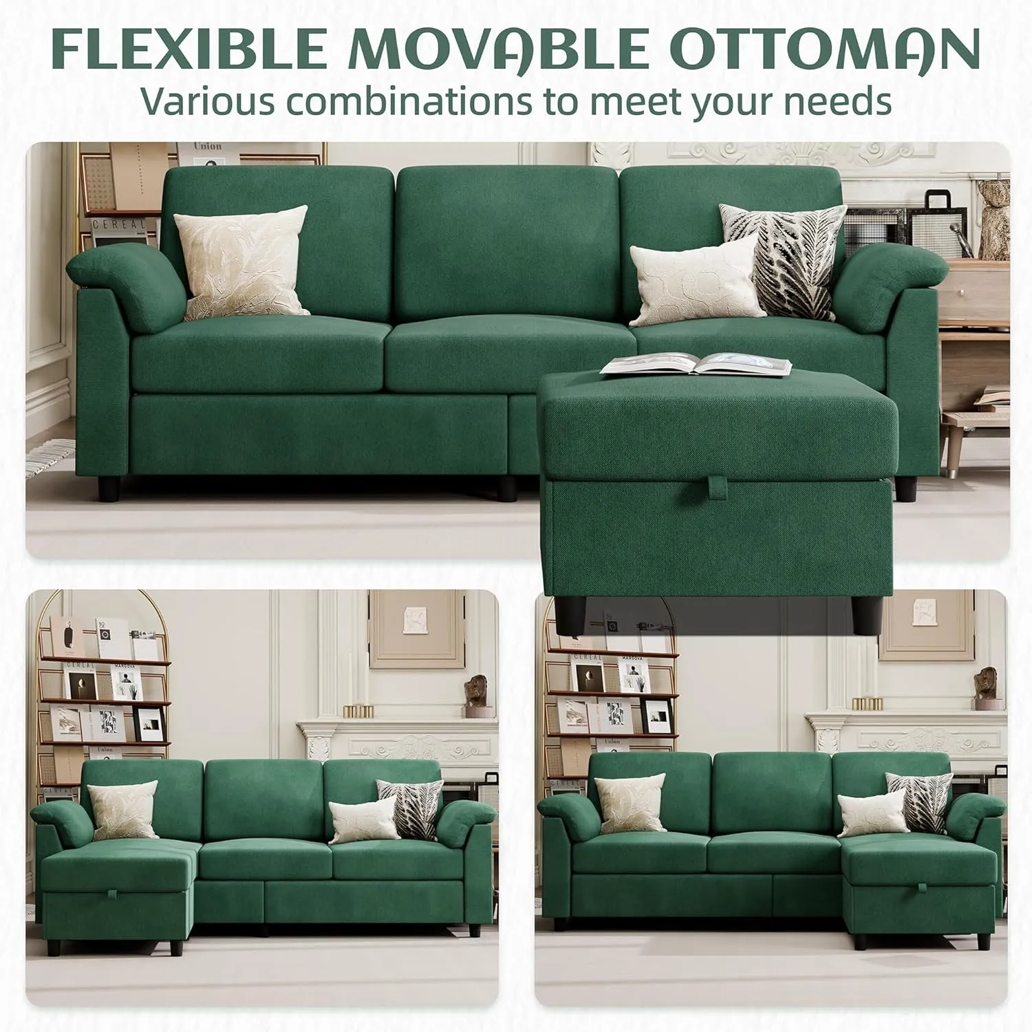 Vongrasig 79" Convertible Sectional Couch Sofa with Storage Ottoman, 3 Seat L Shaped Couch with Side Storage Pockage, Linen Fabric Small Couches for Living Room, Apartment and Small Space, Green