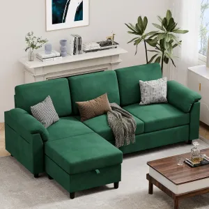 Vongrasig 79" Convertible Sectional Couch Sofa with Storage Ottoman, 3 Seat L Shaped Couch with Side Storage Pockage, Linen Fabric Small Couches for Living Room, Apartment and Small Space, Green