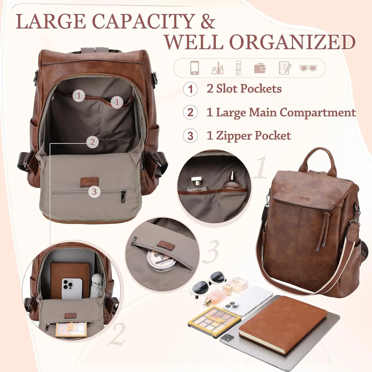 VX VONXURY Backpack Purse for Women Faux Leather Anti-Theft Backpack With Detachable Shoulder Strap Fashion Women Handbag For Daily Work Travel