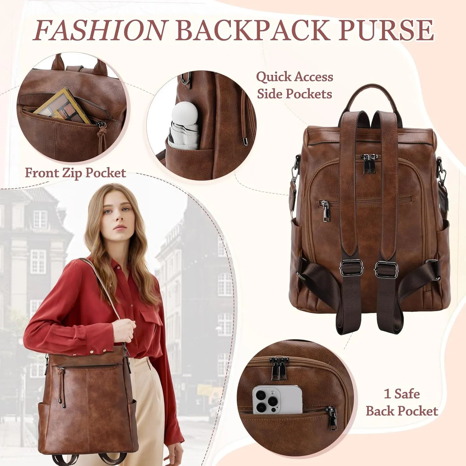 VX VONXURY Backpack Purse for Women Faux Leather Anti-Theft Backpack With Detachable Shoulder Strap Fashion Women Handbag For Daily Work Travel