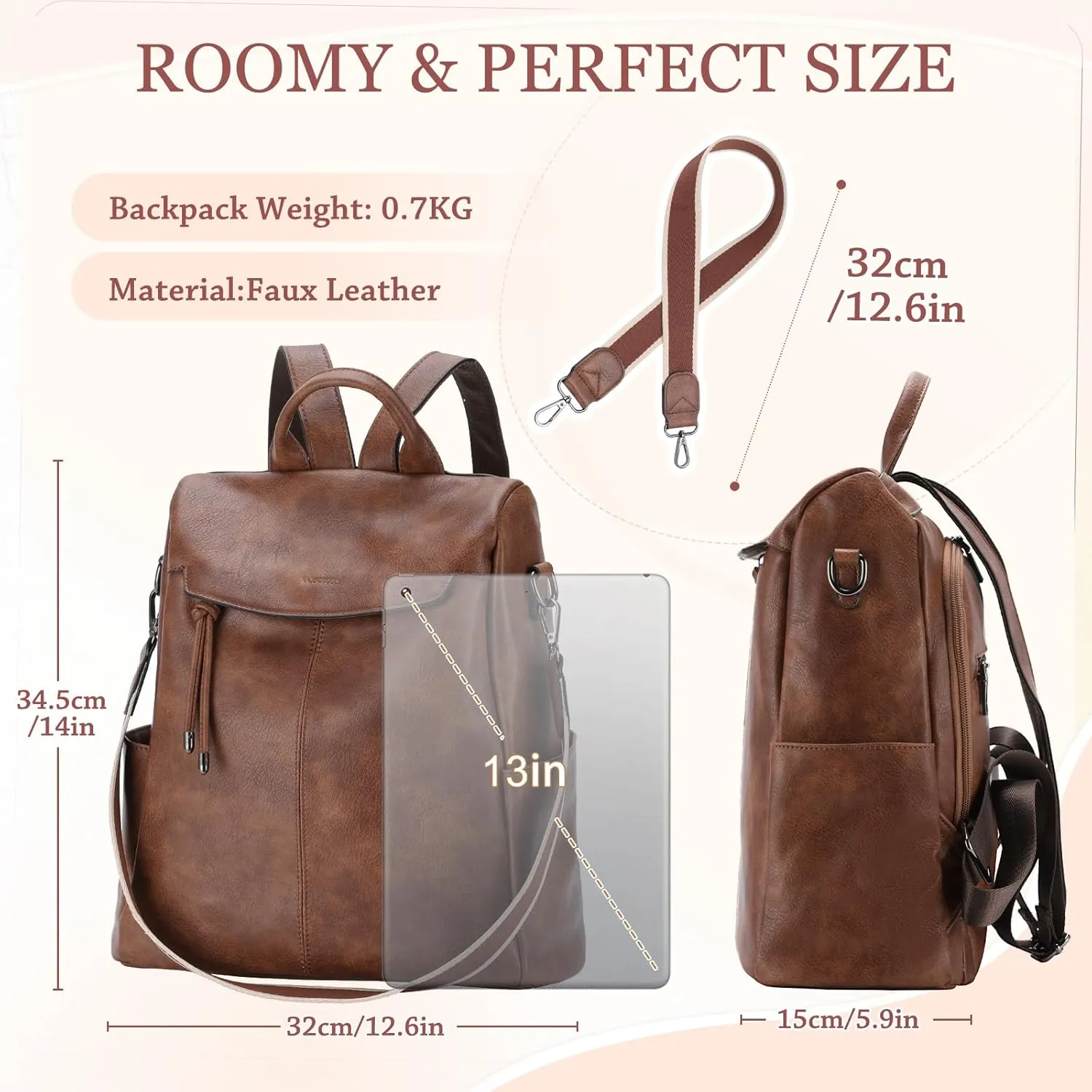 VX VONXURY Backpack Purse for Women Faux Leather Anti-Theft Backpack With Detachable Shoulder Strap Fashion Women Handbag For Daily Work Travel