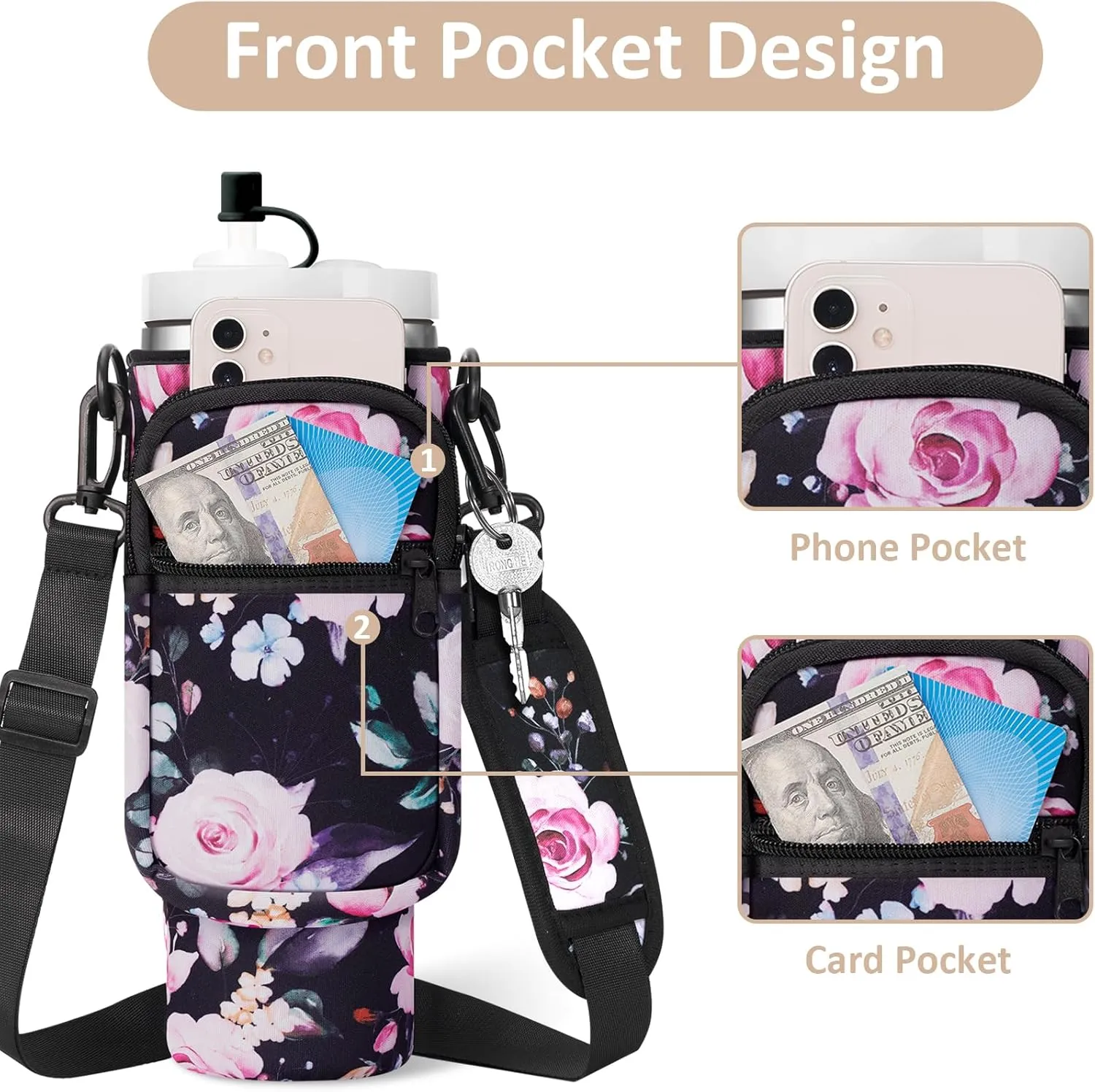 Water Bottle Carrier Bag with Strap for Stanley 40/30 oz Tumbler Neoprene Insulated Cup Holder Sleeve with Phone Pocket & Straw Cover for Stanley Cup Accessories
