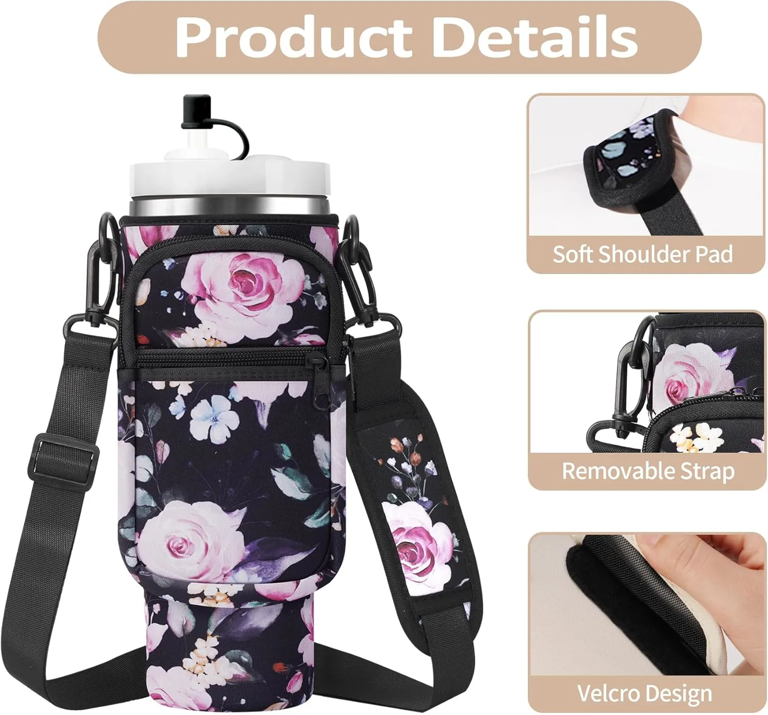 Water Bottle Carrier Bag with Strap for Stanley 40/30 oz Tumbler Neoprene Insulated Cup Holder Sleeve with Phone Pocket & Straw Cover for Stanley Cup Accessories