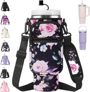 Water Bottle Carrier Bag with Strap for Stanley 40/30 oz Tumbler Neoprene Insulated Cup Holder Sleeve with Phone Pocket & Straw Cover for Stanley Cup Accessories