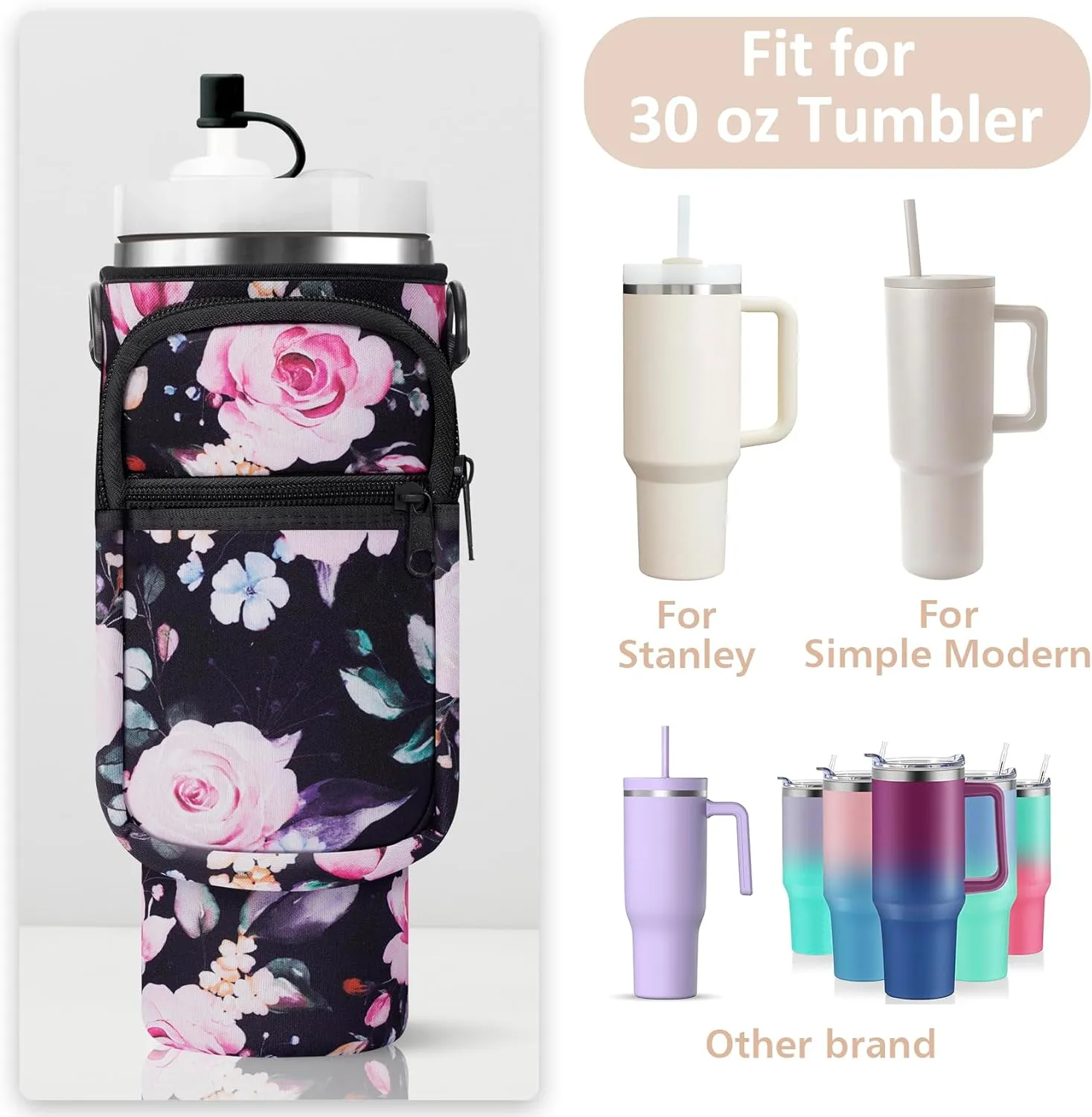 Water Bottle Carrier Bag with Strap for Stanley 40/30 oz Tumbler Neoprene Insulated Cup Holder Sleeve with Phone Pocket & Straw Cover for Stanley Cup Accessories