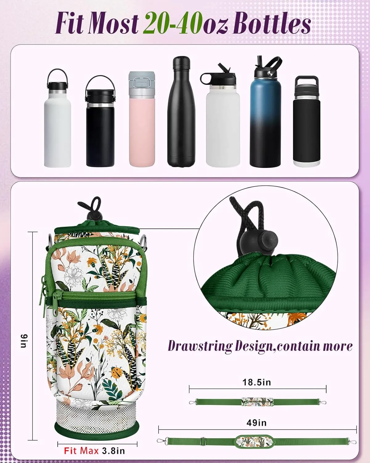 Water Bottle Holder Carrier Bag with Strap - Crossbody Sling for Walking with Phone Pocket Insulated for 32 24 oz
