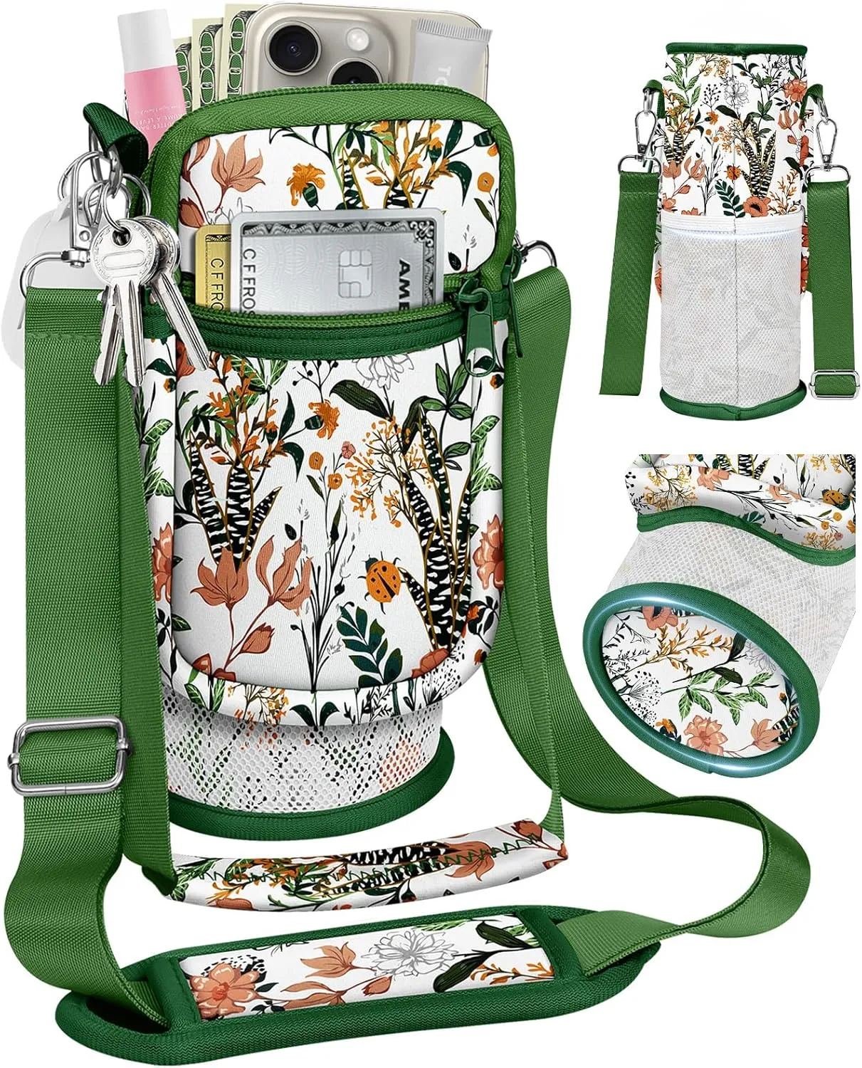 Water Bottle Holder Carrier Bag with Strap - Crossbody Sling for Walking with Phone Pocket Insulated for 32 24 oz