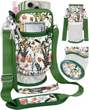 Water Bottle Holder Carrier Bag with Strap - Crossbody Sling for Walking with Phone Pocket Insulated for 32 24 oz