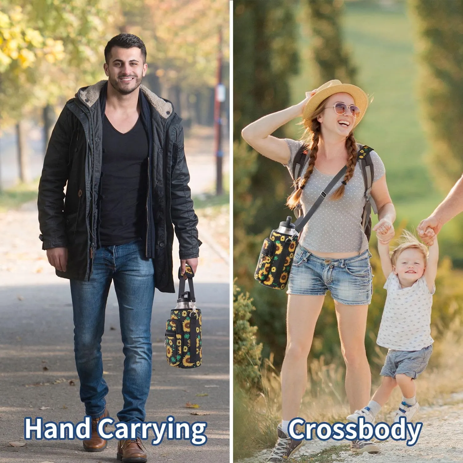 Water Bottle Holder Sling Bag Sleeve Carrier 32oz 40oz 64oz, Insulated Crossbody Water Bottle Case Cover with Padded Strap and 2 Pockets for Walking Hiking Camping