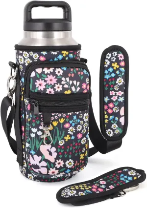 Water Bottle Holder Sling Bag Sleeve Carrier 32oz 40oz 64oz, Insulated Crossbody Water Bottle Case Cover with Padded Strap and 2 Pockets for Walking Hiking Camping